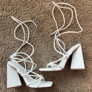 White Lace Up Block Heels